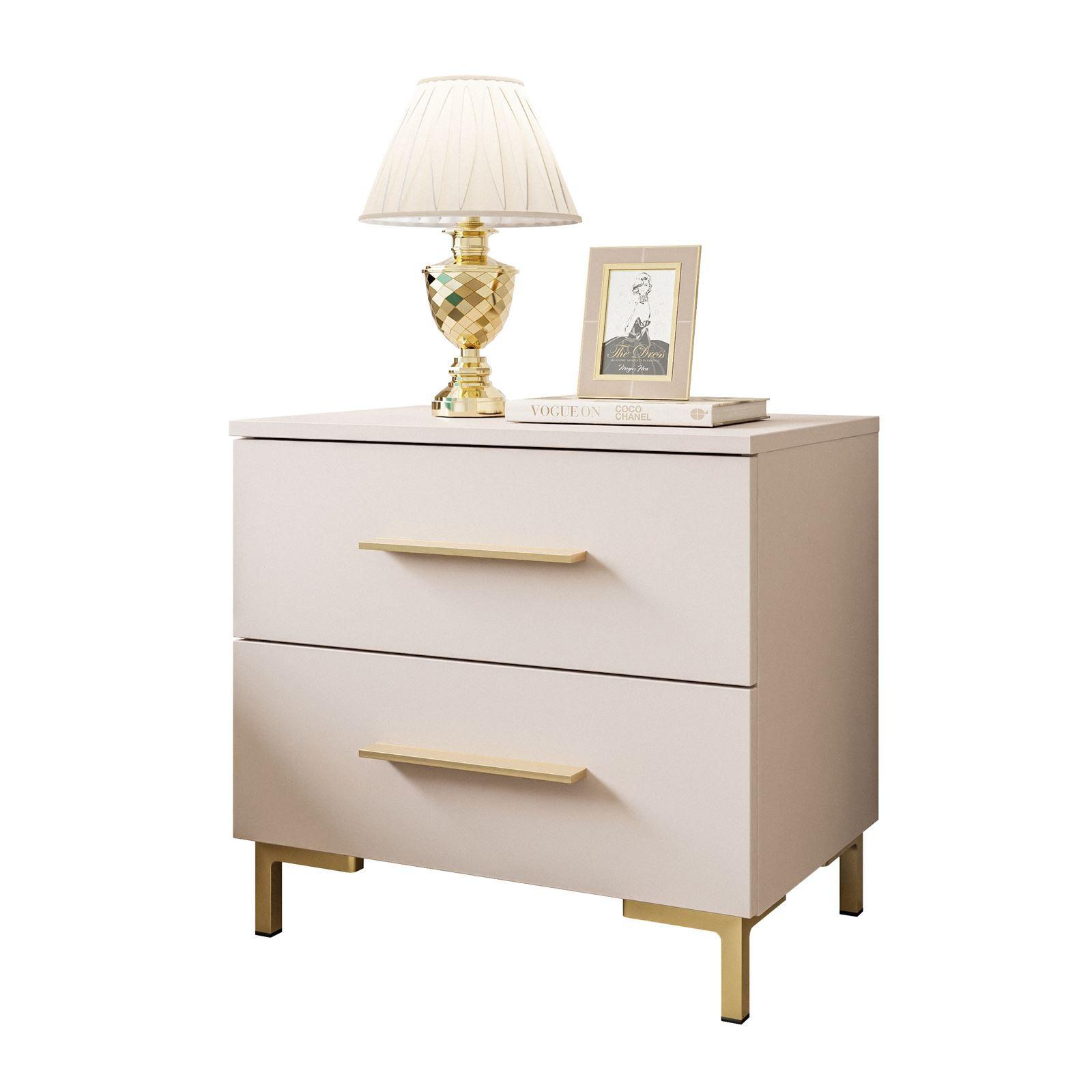 NACHTTISCH LINA KASCHMIR mit LED-Beleuchtung, goldenen Beinen und Griffen - Kaschmir/Goldfarben, Holzwerkstoff (55/52/37cm) - Lookway
