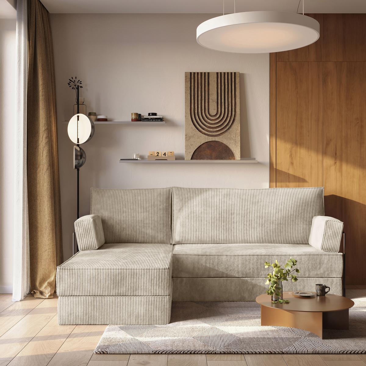 ECKSOFA NOTIA modulares Boneless Sofa mit Schlaffunktion Creme Kordstoff - Creme, Textil (200/120cm) - MASSENO