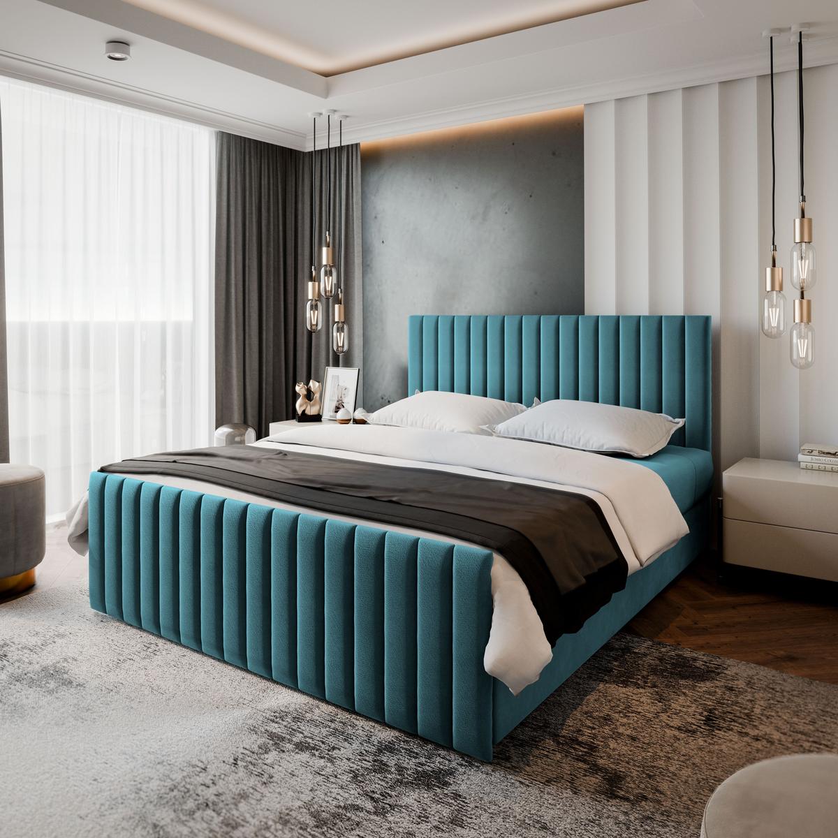 BOXBETT ARION 180x200 cm mit Matratze und Topper, H2+H3 - Blau - Hellblau, Holz (180/200cm) - MASSENO