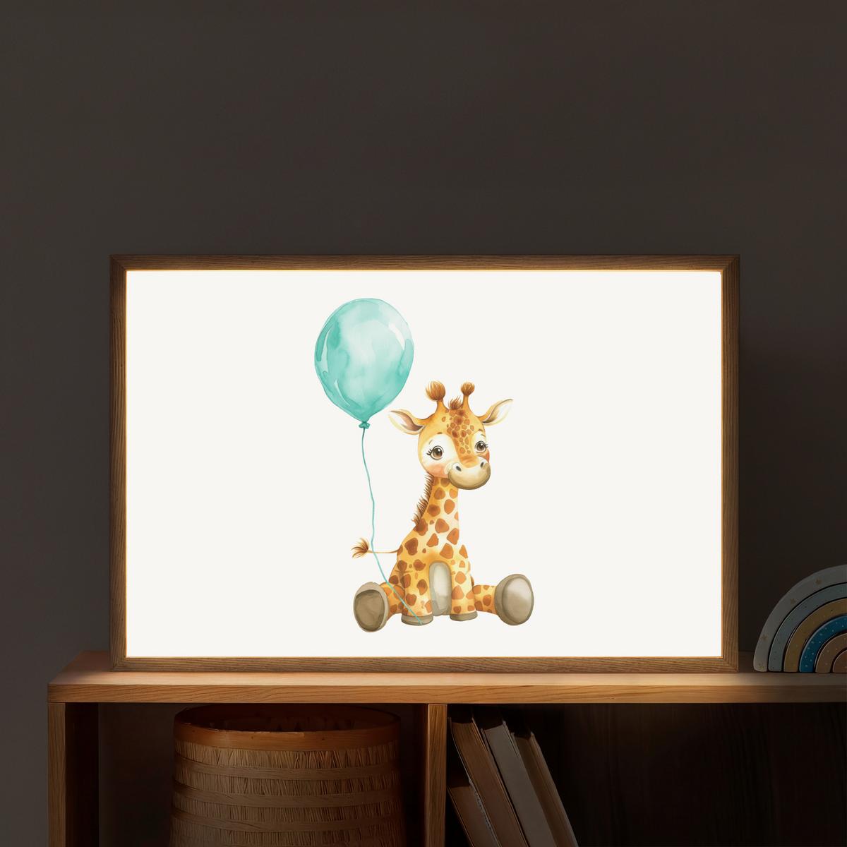 WANDLEUCHTE MIT AKKU Giraffe - Baby - Tiere - Blauer Ballon 60x40 cm - Weiß, Holzwerkstoff (60/40/8cm) - OnlyWow