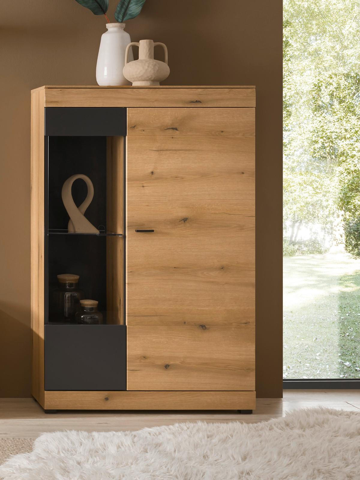 VITRINE in Eiche, grau 90 x 151 cm, Highboard mit Soft-Close - Kaschmir/Eichefarben, Glas/Holzwerkstoff (90/141/35cm) - Furn.Design