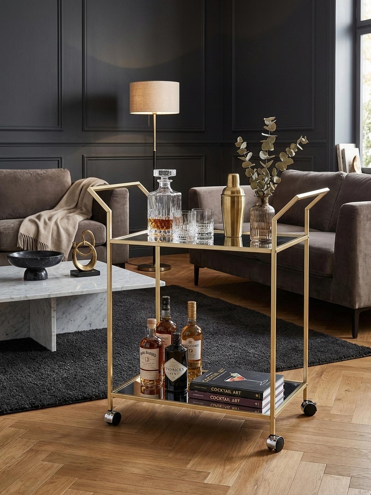 SERVIERWAGEN – Gold, Verspiegelte Ablagen, auf Rollen - Goldfarben, Glas/Metall (73/78/37cm) - KADIMA DESIGN