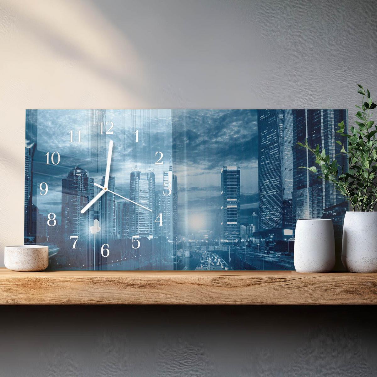 WANDUHR aus Glas 60x30 cm - Stadt bei Nacht - Blau, Glas (60/30/0.4cm) - TULUP