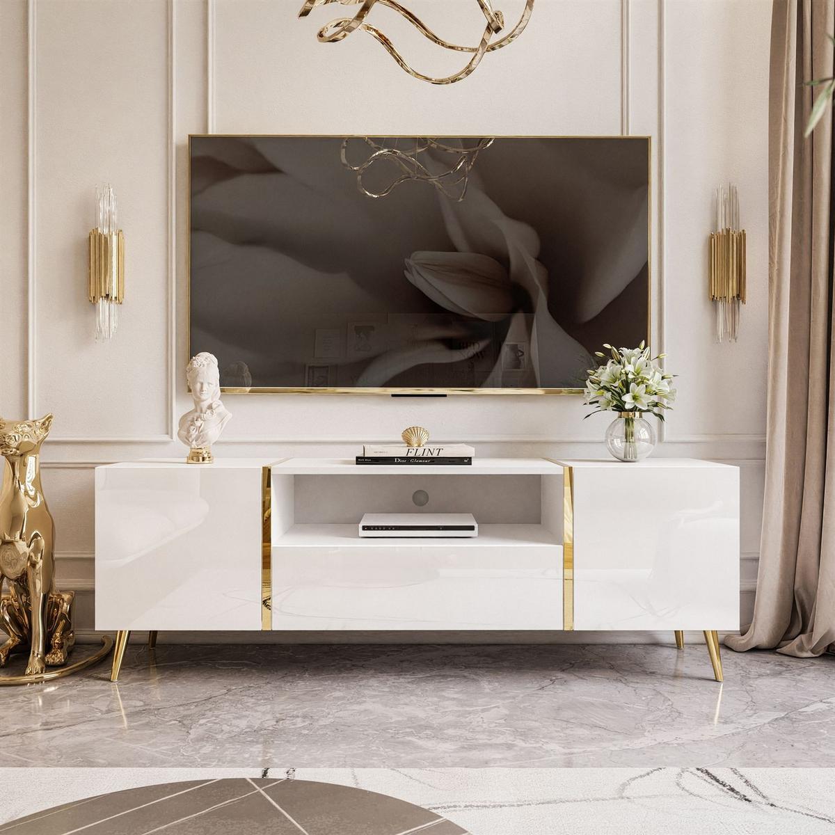TV-ELEMENT ONYX AUF GOLDENEN BEINEN HOCHGLANZ 158 CM PUSH OPEN - Weiß, Holzwerkstoff (158/53/41.3cm) - Lookway