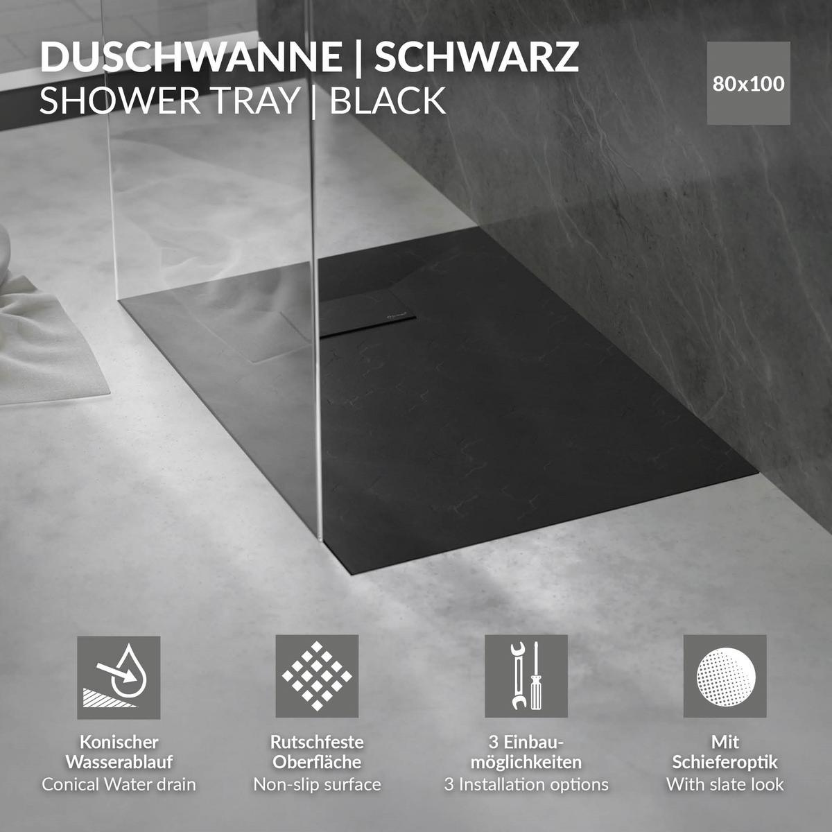 DUSCHWANNE 100x80 cm Schwarz mit Ablaufgarnitur aus SMC - Schwarz, Kunststoff (80/3/100cm) - LuxeBath