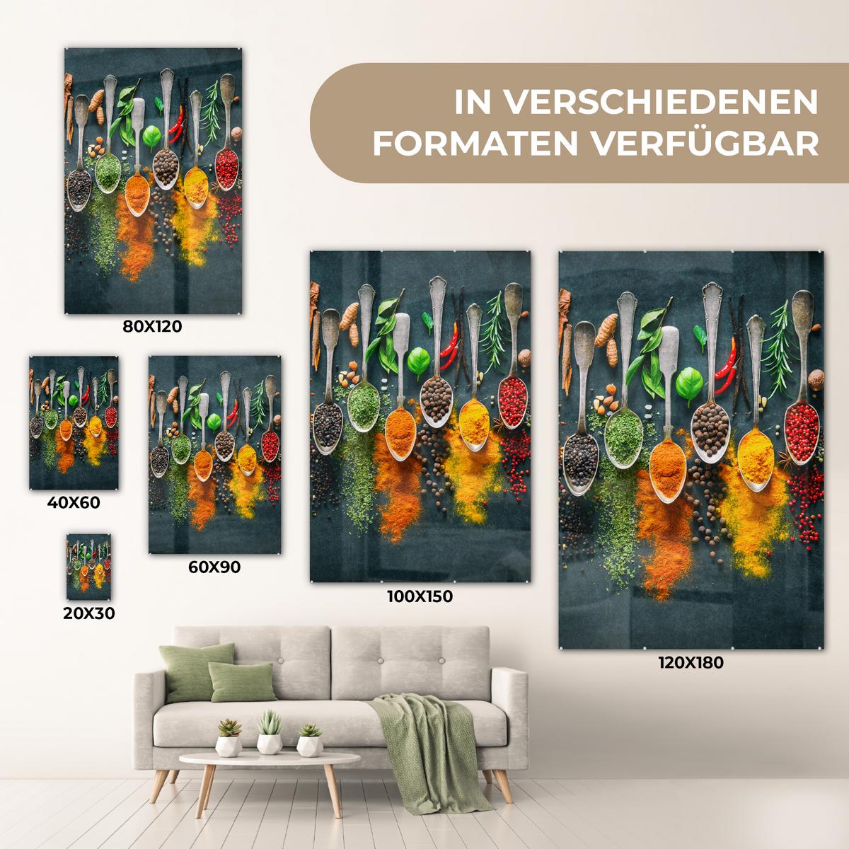ACRYLGLASBILD Kräuter - Gewürze - Löffel 80x120 cm - Currygelb, Glas (80/120cm) - MuchoWow