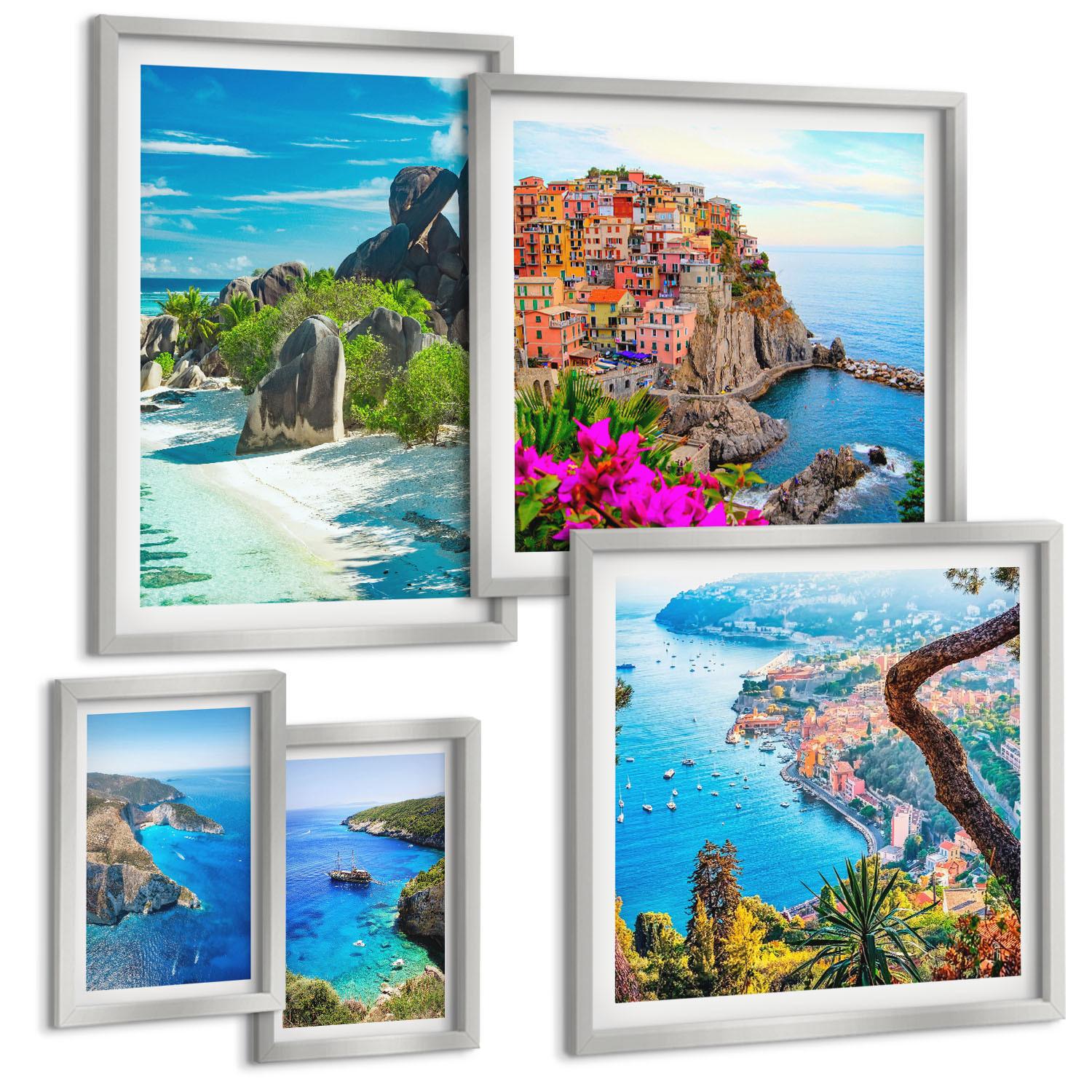 BILDER SET 5er Set - 50x50 cm & 20x30 cm & 40x60 cm Silberner Rahmen - Winterwald-Blaublume - Silberfarben, Kunststoff (40/60cm) - TULUP