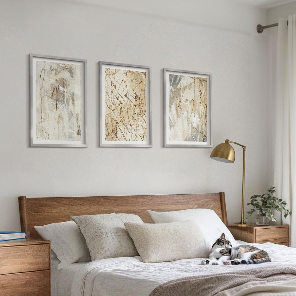 BILDER SET 3er Set - 40x60 cm Silberner Rahmen - Abstrakte Muster in Beige und Grau - Silberfarben, Kunststoff (40/60cm) - TULUP
