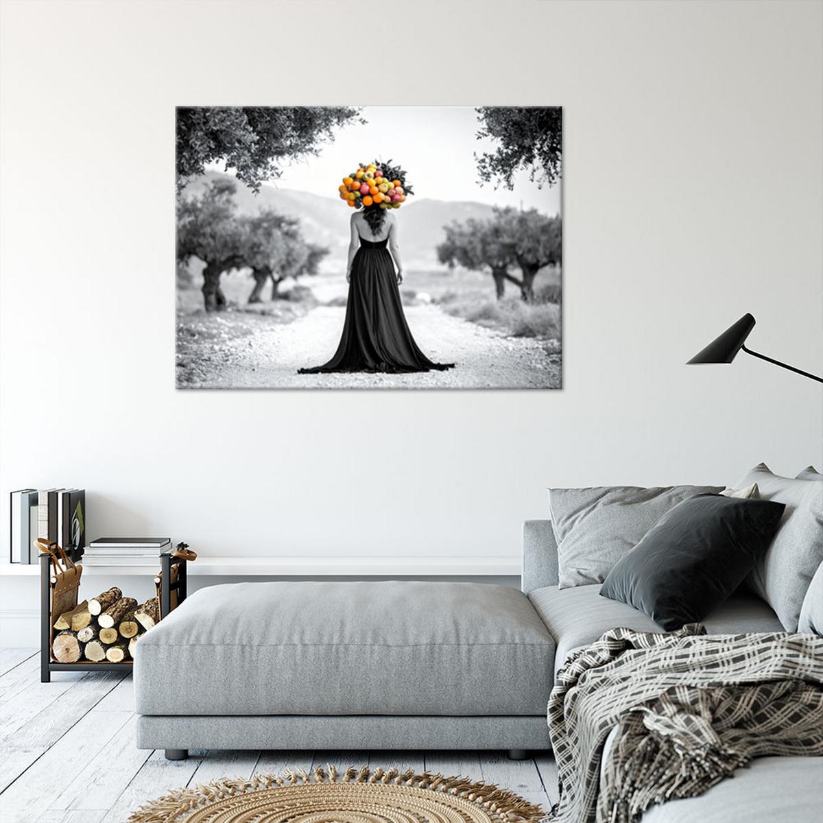 LEINWANDBILD Landschaft Frau mit Früchten auf dem Kopf 60x40cm - Schwarz, Textil (60/40cm) - Feeby