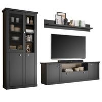 WOHNWAND schwarz matt, Eiche 3-teilig 301 cm, Wohnkombination mit Soft-Close - Eichefarben/Messingfarben, Glas/Holzwerkstoff (301/200/42cm) - Furn.Design