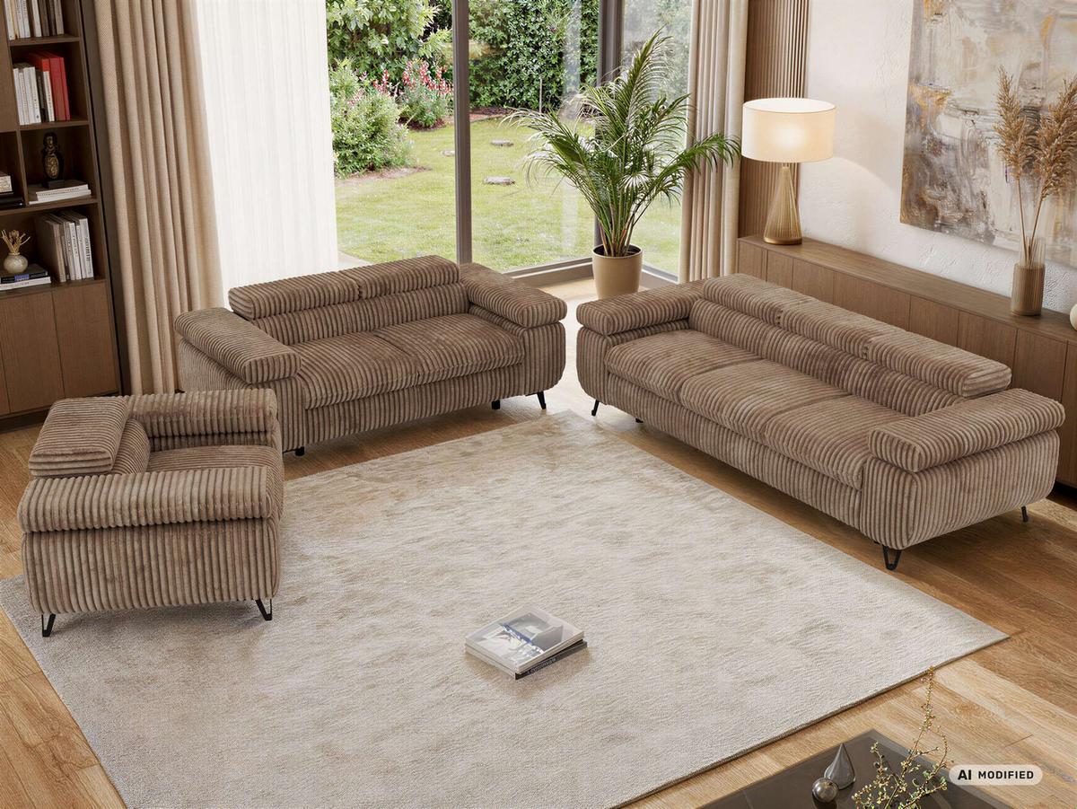 SITZGARNITUR PETER 1+2+3 - Braun Cord - Schwarz/Braun, Textil/Metall (262/76/99cm) - MKS