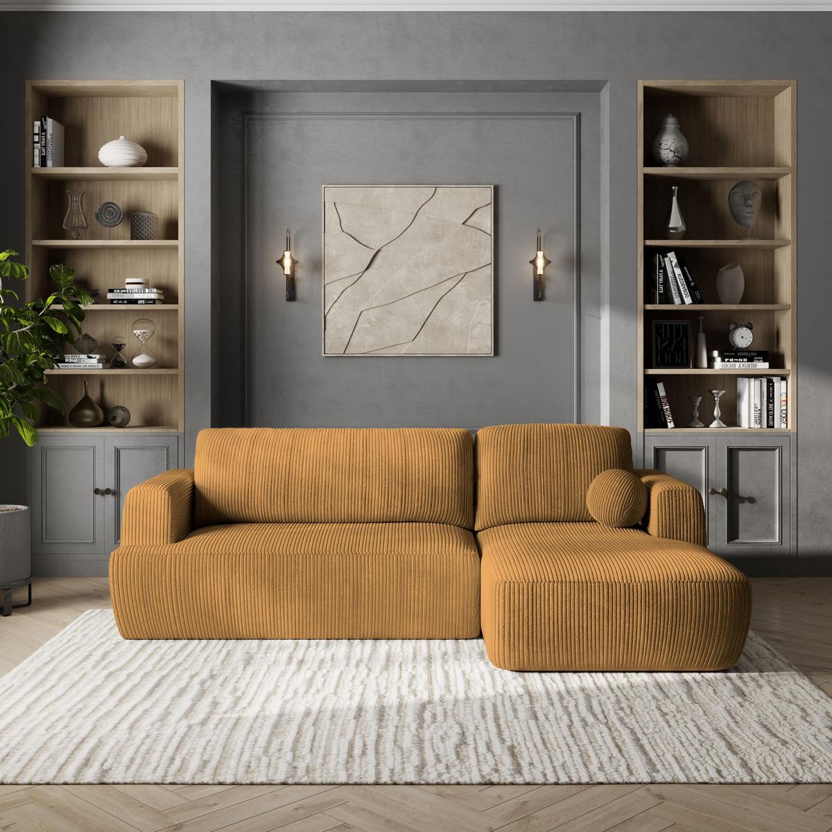 ECKSOFA SENTI P R-S Gelb Kordstoff mit Schlaffunktion - Gelb/Schwarz, Holz/Kunststoff (246/148cm) - MASSENO