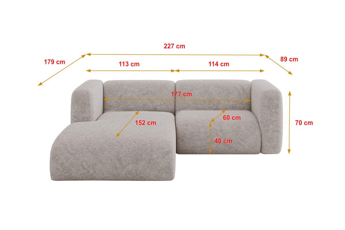 ECKSOFA Ottomane Links MIRA-L1 227x179x89 Hellgrau Velours - Hellgrau/Schwarz, Holzwerkstoff/Kunststoff (227/179cm) - ALTDECOR
