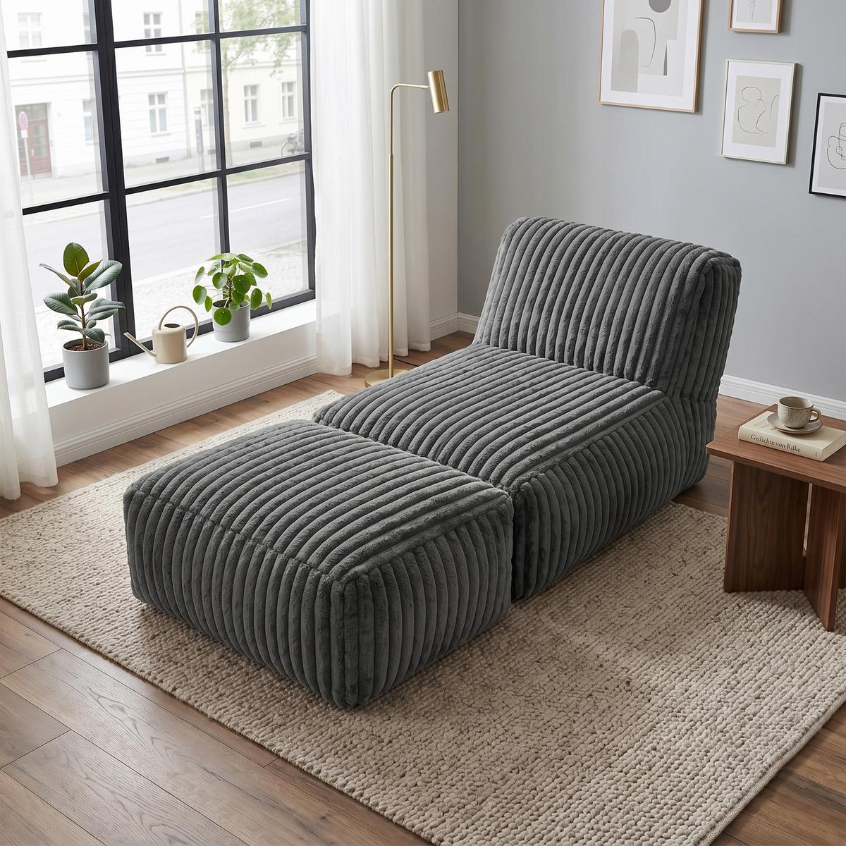 SESSEL MIT HOCKER aus Kordsamt modular und ergonomisch gepolstert - Dunkelgrau, Textil (160/66/80cm) - Urban Meuble