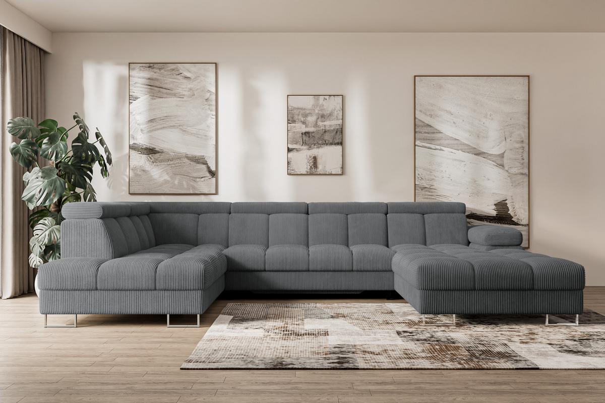 WOHNLANDSCHAFT mit Schlaffunktion und Bettkasten Ottomane Links COMA U 345x203x79 Dunkelgrau Cord - Graphitfarben, Holzwerkstoff/Textil (345/79/203cm) - ALTDECOR