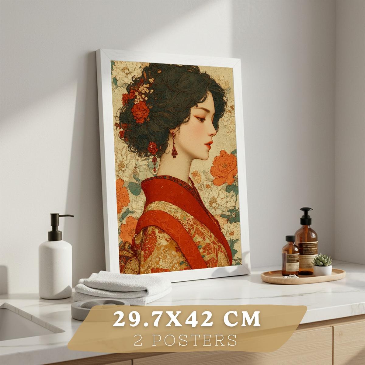 POSTER 2er-Set dekorative Badezimmer-Kunstdrucke, im japanischen Stil für Wand, Toilette mit orientalischem Drachen und Frau Weißer Rahmen A3 - Weiß, Papier (42/29.7/3cm) - Nacnic