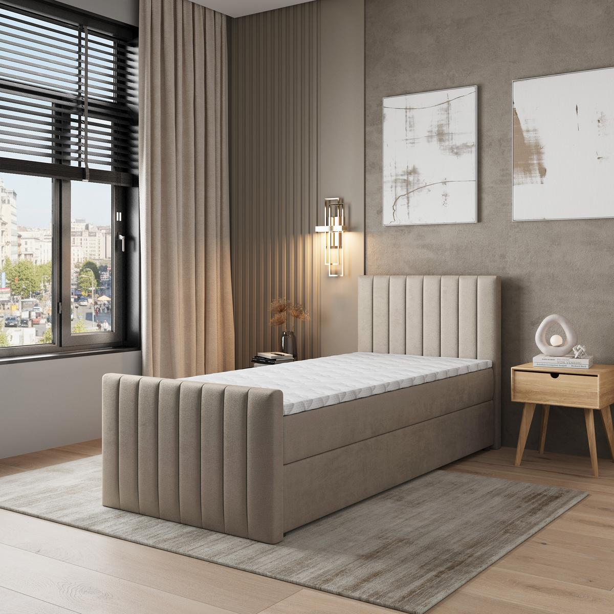 BOXBETT ARION 100 100x200 cm mit Matratze und Topper, H2+H3 - Beige - Beige, Holz (100/200cm) - MASSENO