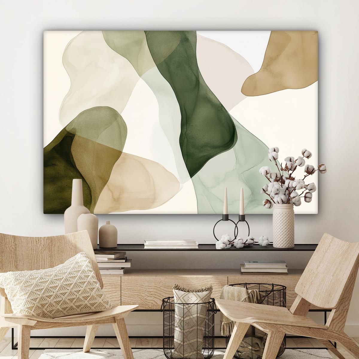 LEINWANDBILD Japandi - Abstrakt - Grün Wohnzimmer Groß 120x80 cm - Salbeigrün, Textil (120/80cm) - MuchoWow