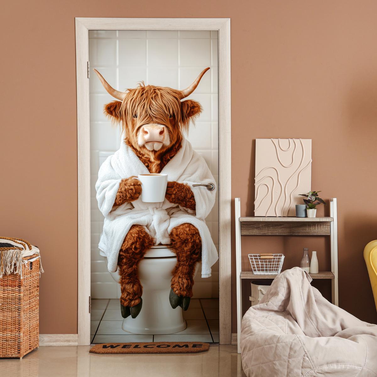 TÜRAUFKLEBER Schottischer Highlander - WC - Bademantel - Modern - Tiere 90x215 cm - Türtapete - Kastanienfarben, Kunststoff (90/0.1cm) - MuchoWow
