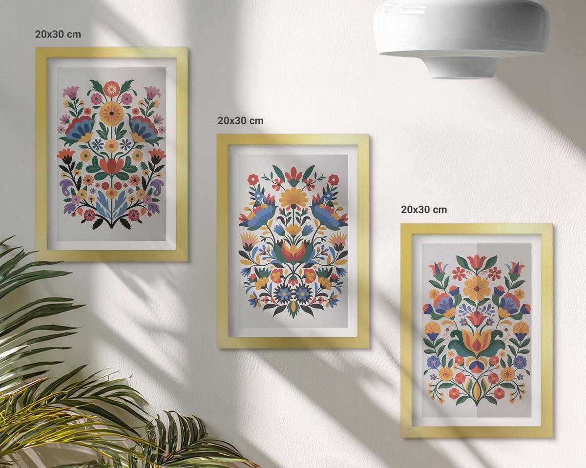 BILDER SET 3er Set - 20x30 cm Goldrahmen - Blumenmuster in intensiven Farben - Goldfarben, Kunststoff (20/30cm) - TULUP