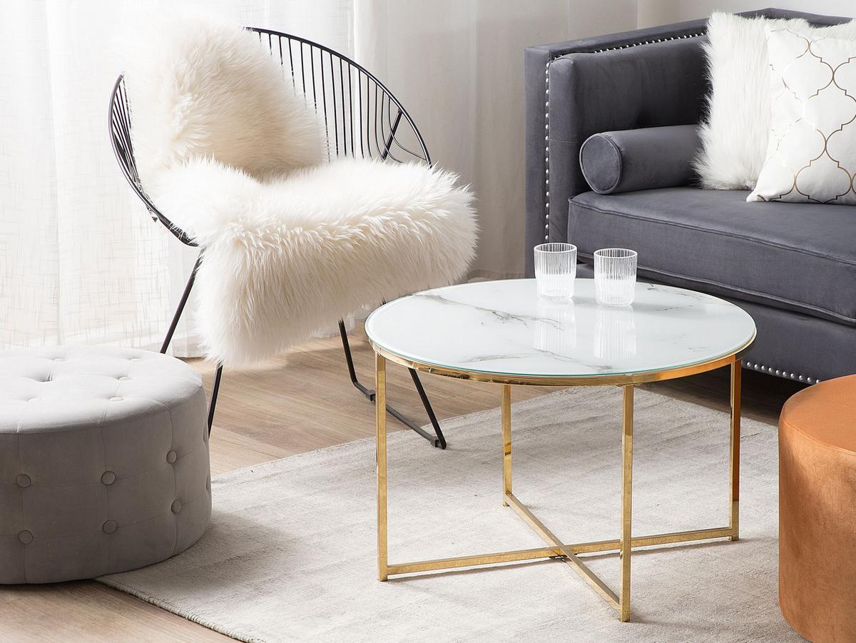 COUCHTISCH Marmor Optik weiß/gold 70 cm Quincy - Goldfarben/Weiß, Glas (70/70/45cm) - Beliani