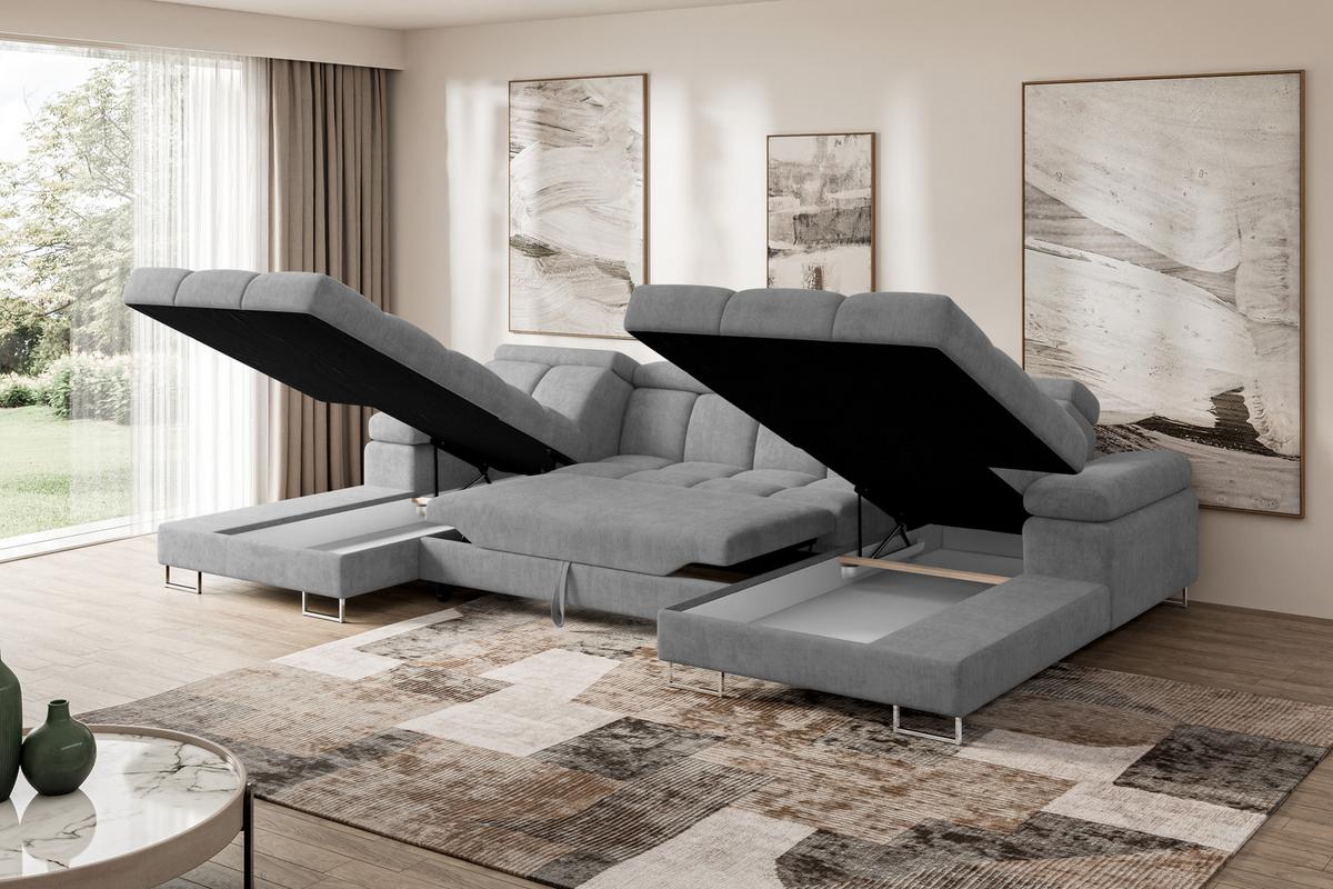 WOHNLANDSCHAFT mit Schlaffunktion und Bettkasten COMA U2 345x203x79 Grau Velours - Grau, Holzwerkstoff/Textil (345/79/203cm) - ALTDECOR