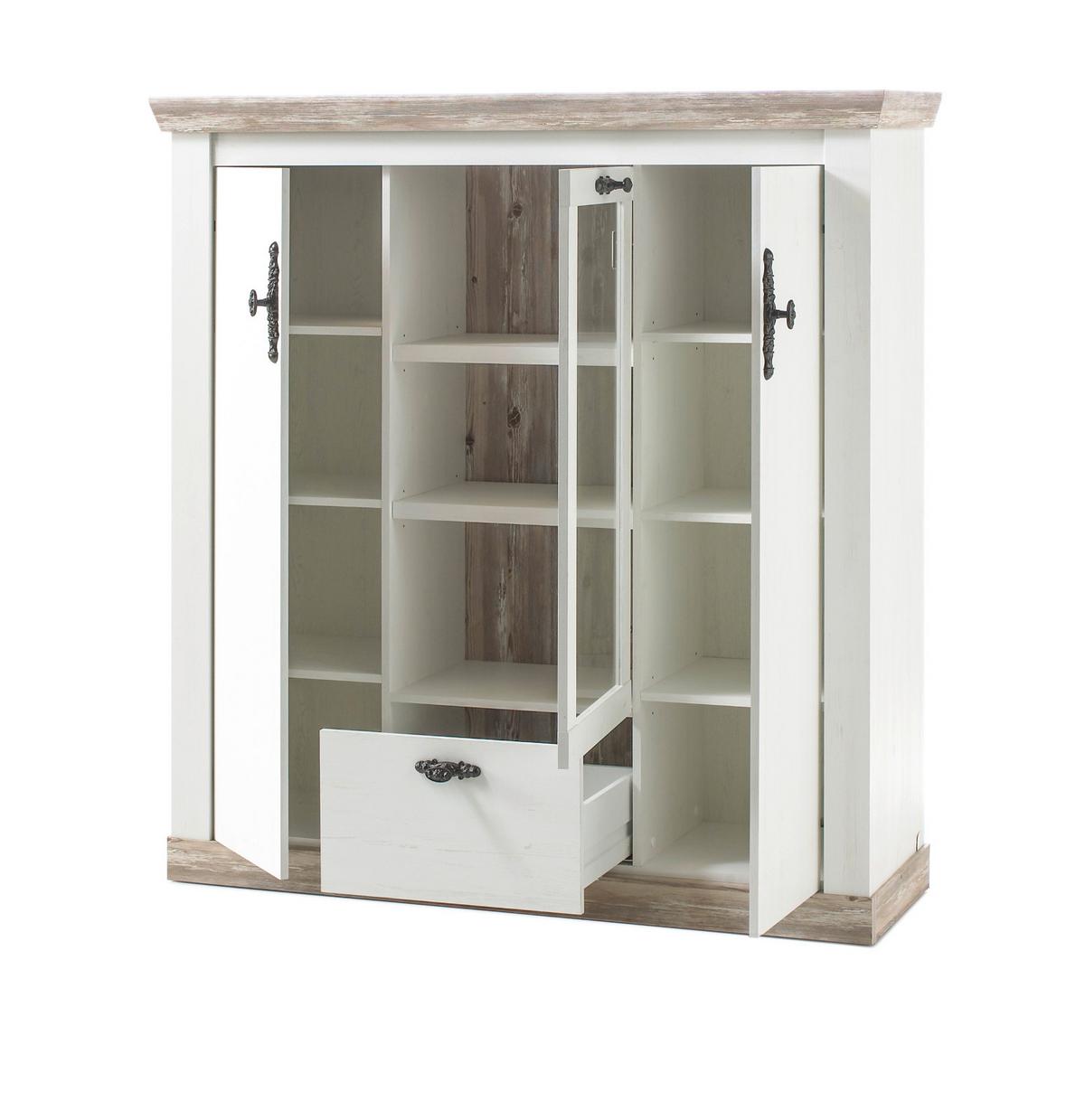 HIGHBOARD Pinie weiß, Oslo Pinie Landhaus, Kommode, 140 x 146 cm - Anthrazit/Weiß, Holzwerkstoff/Metall (140/146/44cm) - Furn.Design