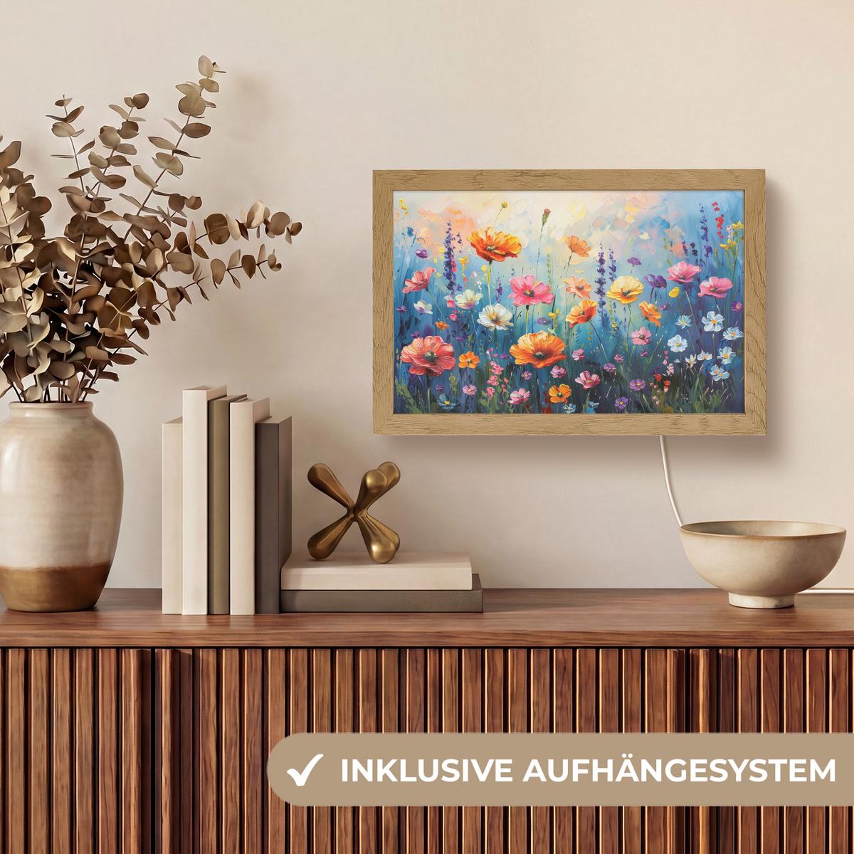 WANDLEUCHTE Blumen - Natur - Aquarell - Kunst 30x20 cm - Multicolor, Holzwerkstoff (30/20/8cm) - OnlyWow