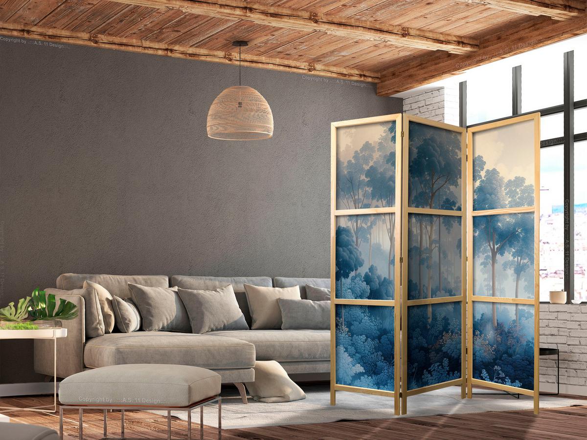 PARAVENT Japanischer 3-tlg 135x172 cm Blauer Wald - Blau, Holz/Textil (135/172/3cm) - Muralo