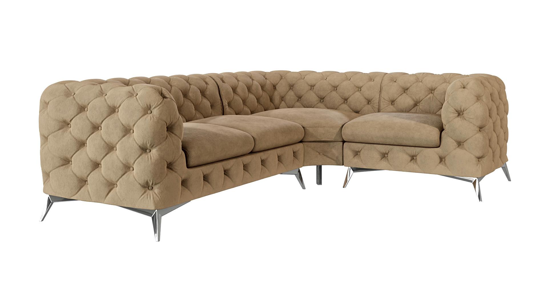 ECKSOFA Chesterfield Laura Beige Samt, Ottomane rechts - Beige/Silberfarben, Holz/Textil (264/204cm) - S-Style Möbel