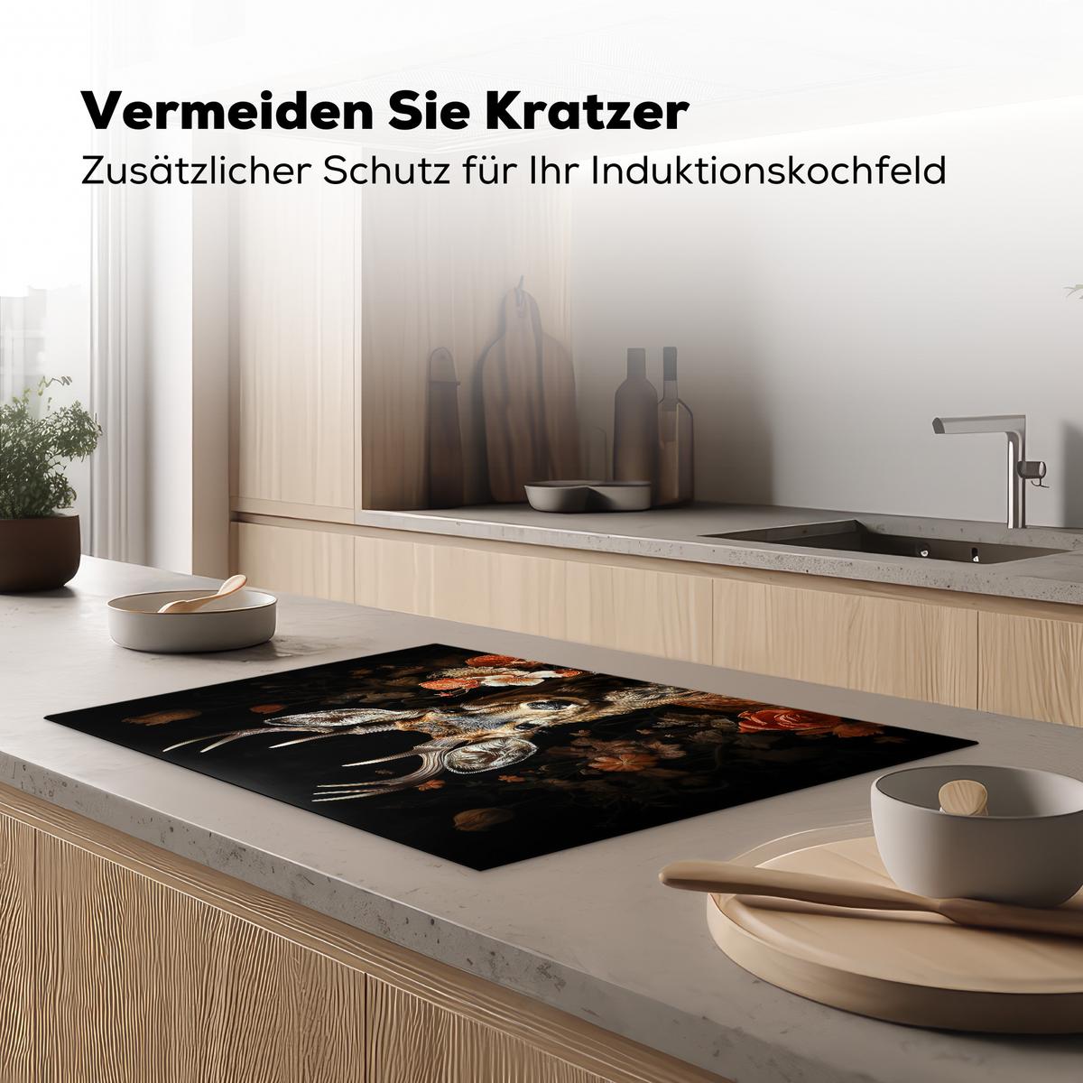HERDABDECKPLATTE Hirsch - Tier - Blumen - Natur - Botanisch Ceranfeldabdeckung 76x51.5 cm - Kupferfarben, Kunststoff (76/51.5/0.2cm) - MuchoWow
