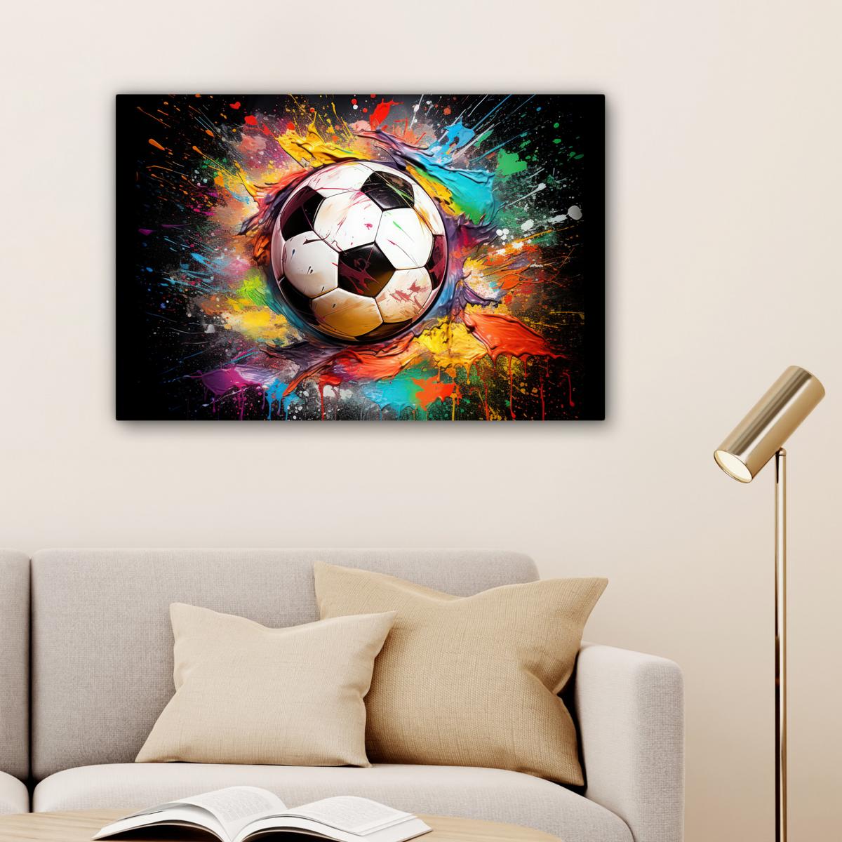 LEINWANDBILD Fußball - Farbe - Farben - Schwarz - Weiß XXL 150x100 cm - Weiß, Textil (150/100cm) - MuchoWow