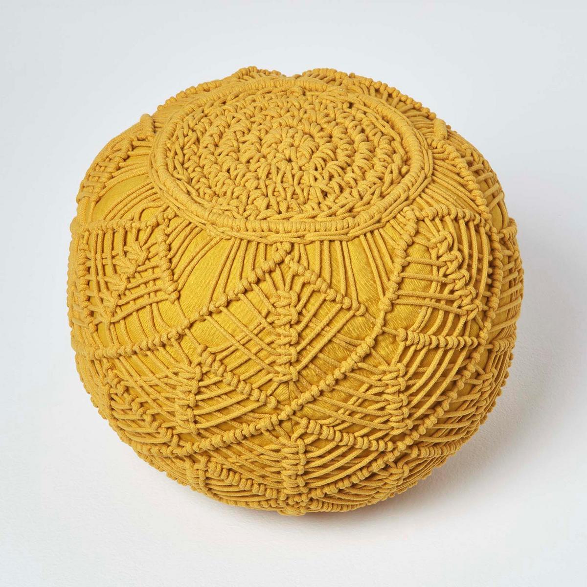 POUF senfgelb im Makramee-Stil, 40/40/35 cm - Currygelb, Textil (40/35/40cm) - Homescapes