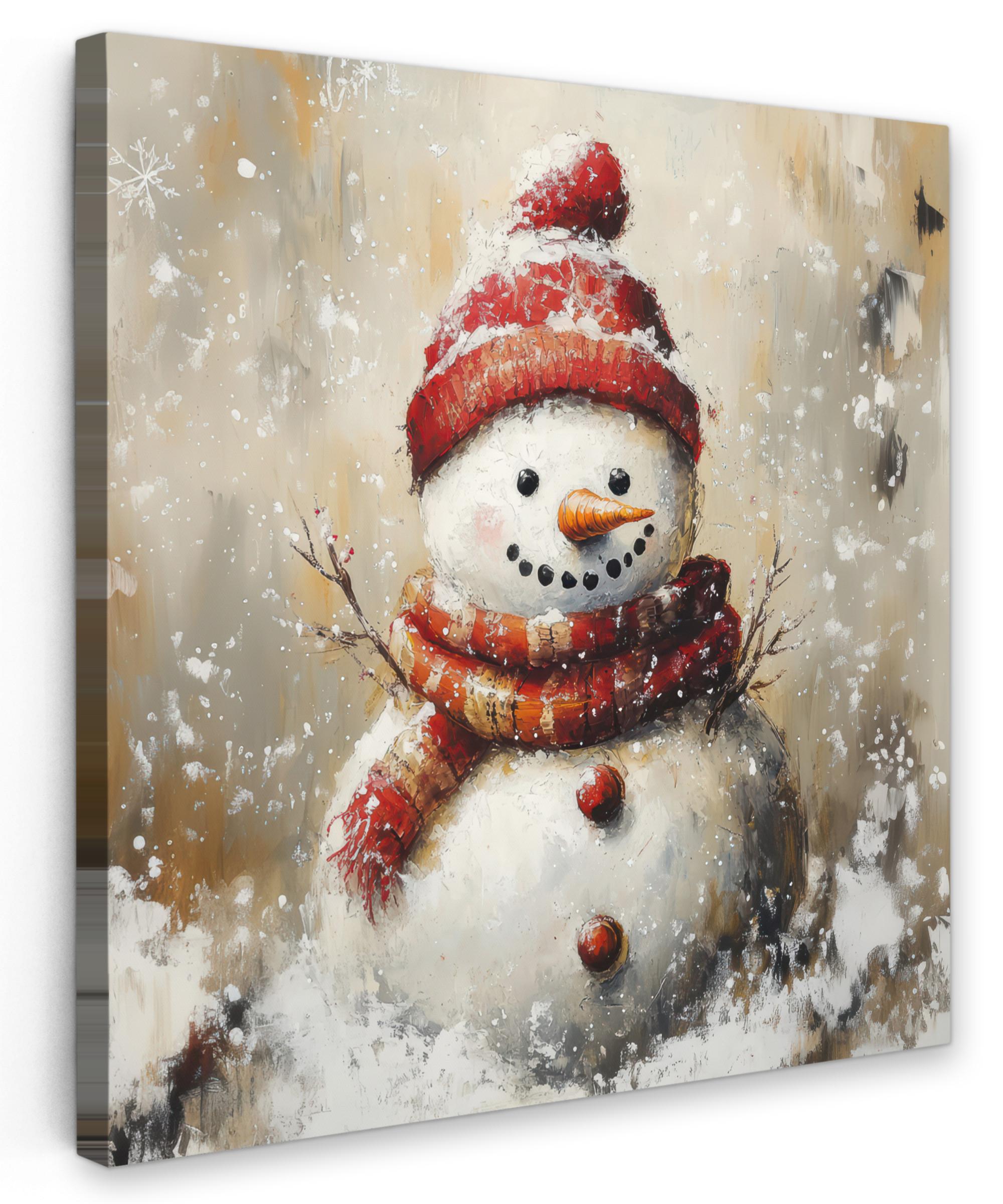 LEINWANDBILD Schneemann - Winter - Schnee - Beige Deko Groß 90x90 cm - Weiß, Textil (90/90cm) - MuchoWow