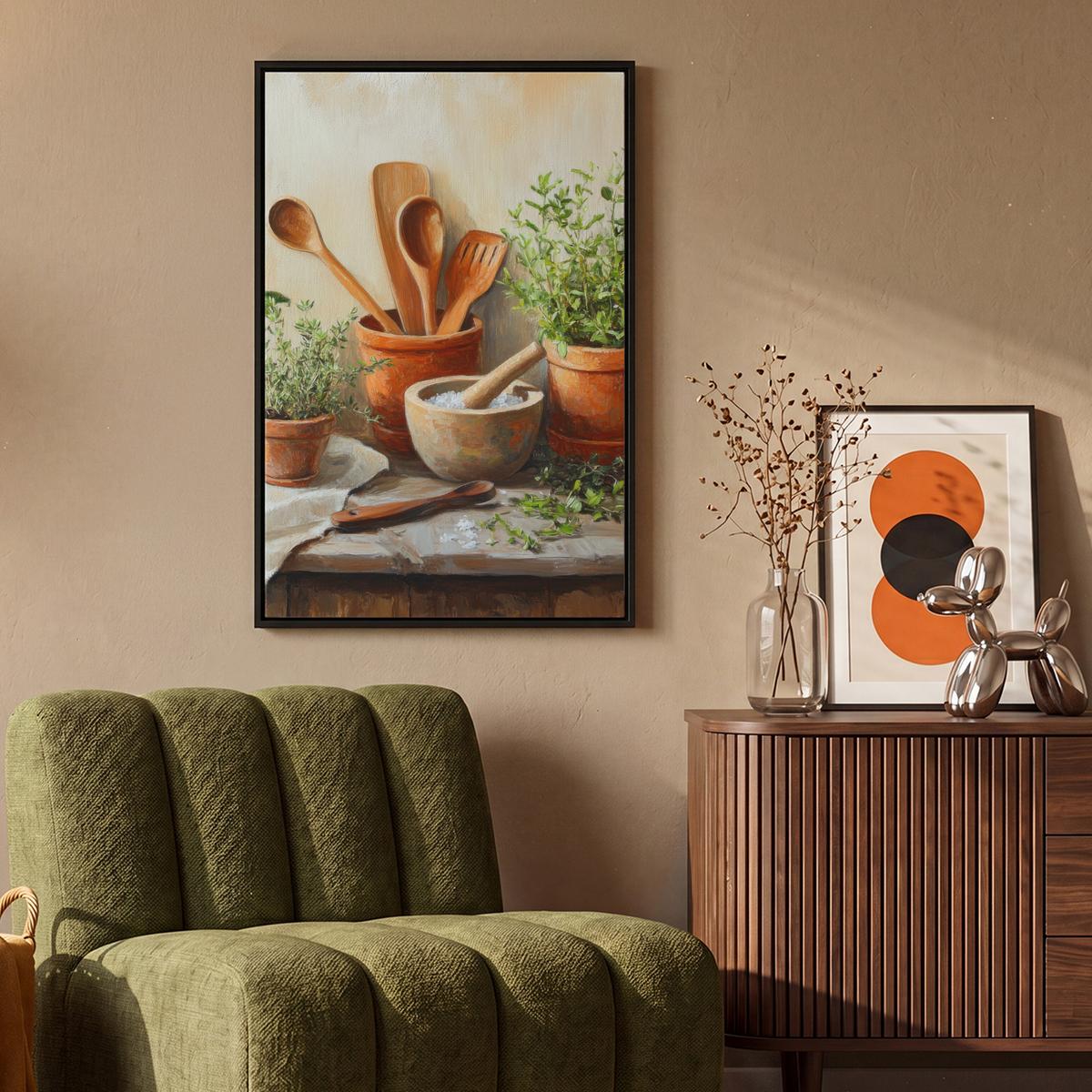 LEINWAND Bilder mit Rahmen - Töpfe - Kräuter - Holz - 60x90 - Terracotta, Textil (60/90cm) - MuchoWow