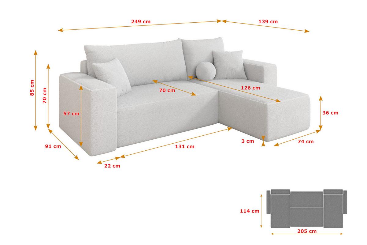 ECKSOFA mit Schlaffunktion Ottomane Rechts SENO-L 249x139x85 Weiß Bouclé - Schwarz/Weiß, Holzwerkstoff/Kunststoff (249/139cm) - ALTDECOR