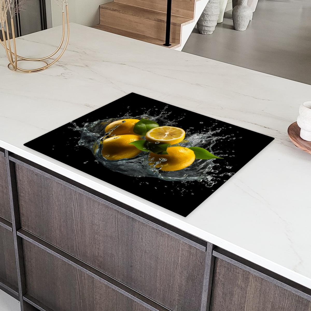 HERDABDECKPLATTE Zitrone - Obst - Gelb - Schwarz Induktionsmatte 77x59 cm - Gelb, Kunststoff (77/59/0.2cm) - MuchoWow