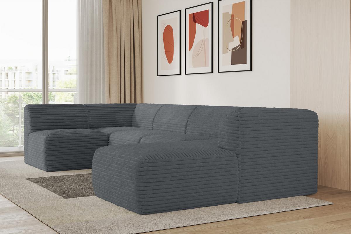 WOHNLANDSCHAFT Ottomane Rechts MOVO-L 345x180x78 cm Dunkelgrau Cord - Alufarben, Holzwerkstoff/Kunststoff (180/78/345cm) - ALTDECOR