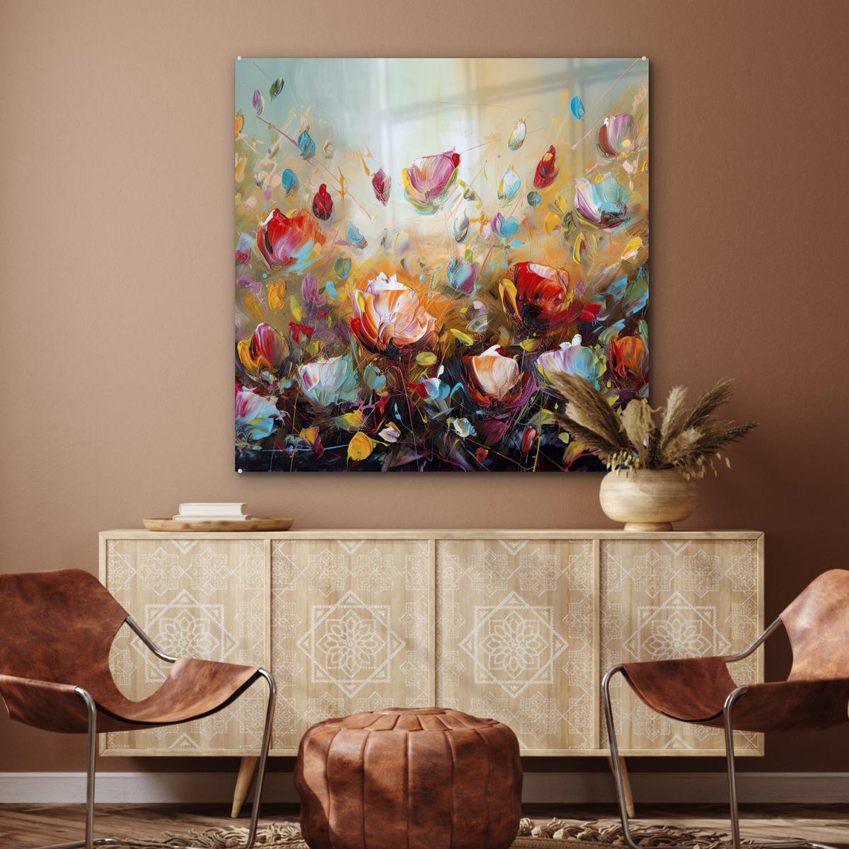 ACRYLGLASBILD Blumen - Kunst - Natur - Ölgemälde 90x90 cm - Multicolor, Glas (90/90cm) - MuchoWow