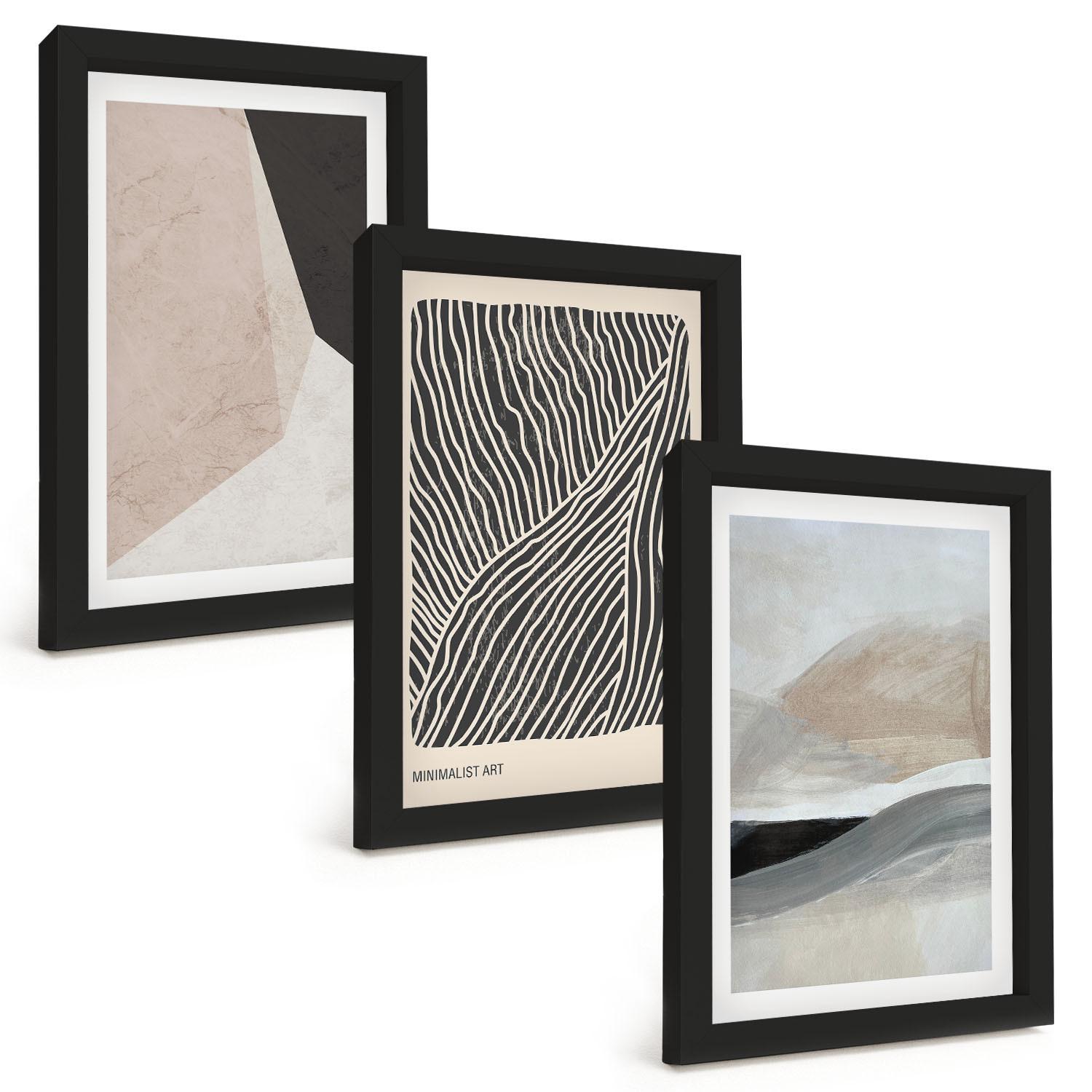 BILDER SET 3er Set - 20x30 cm Schwarzer Rahmen - Abstrakte Muster in Beige und Grau - Schwarz, Kunststoff (20/30cm) - TULUP