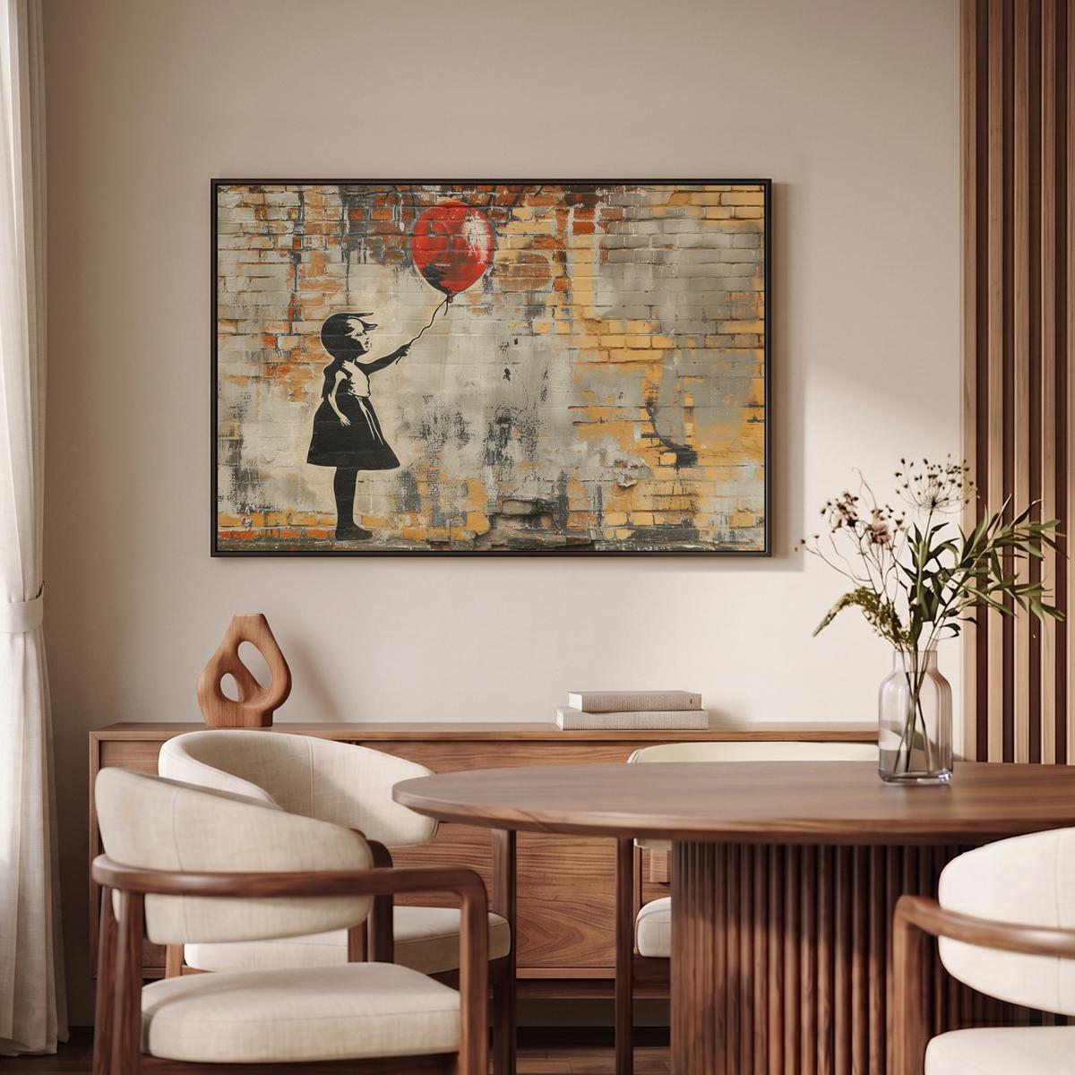 LEINWAND Bilder mit Rahmen - Graffiti - Banksy - Mädchen - Straßenkunst - 90x60 - Sandfarben, Textil (90/60cm) - MuchoWow