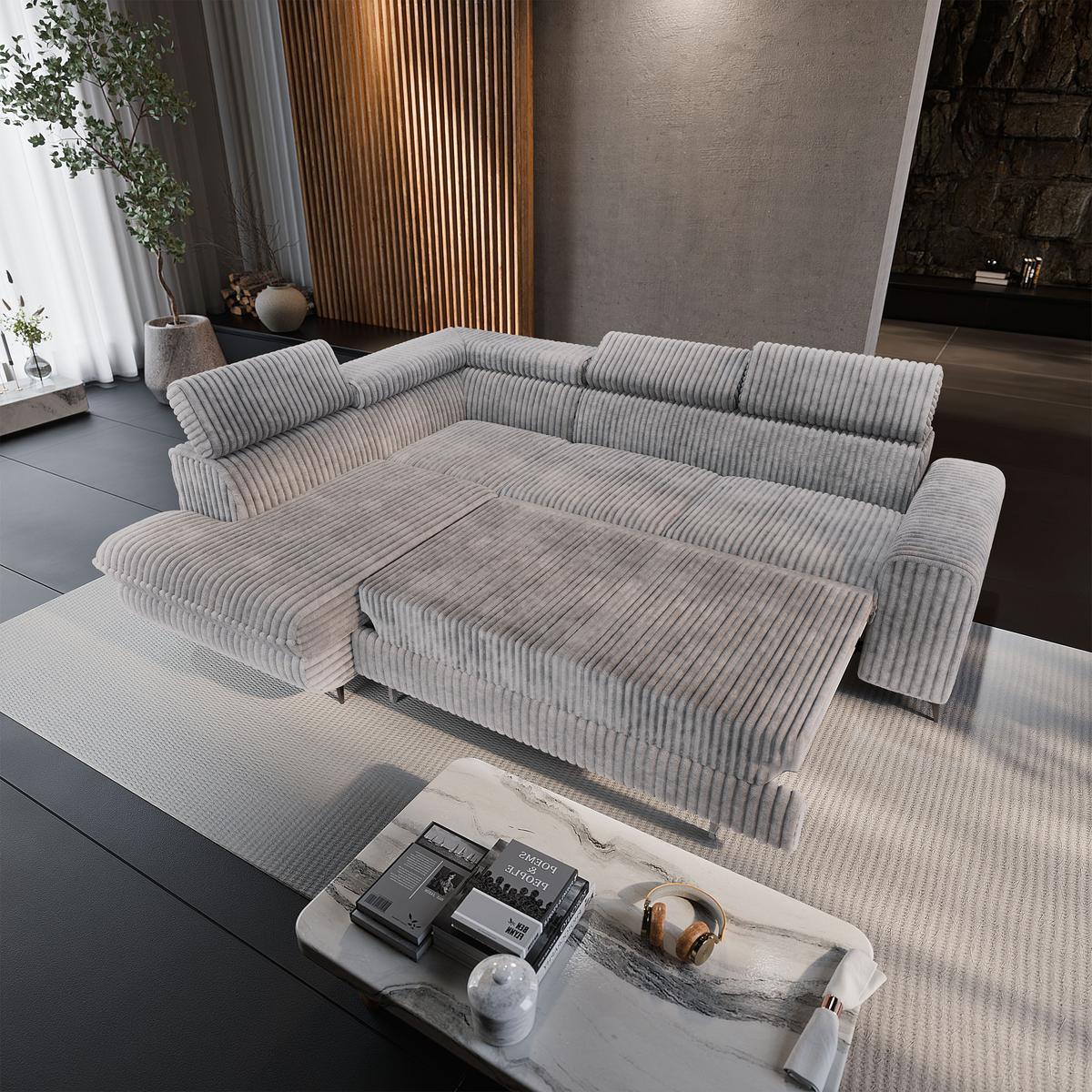 ECKSOFA VELISS Hellgrau Kordstoff mit Schlaffunktion - Grau, Holz (255/193cm) - MASSENO