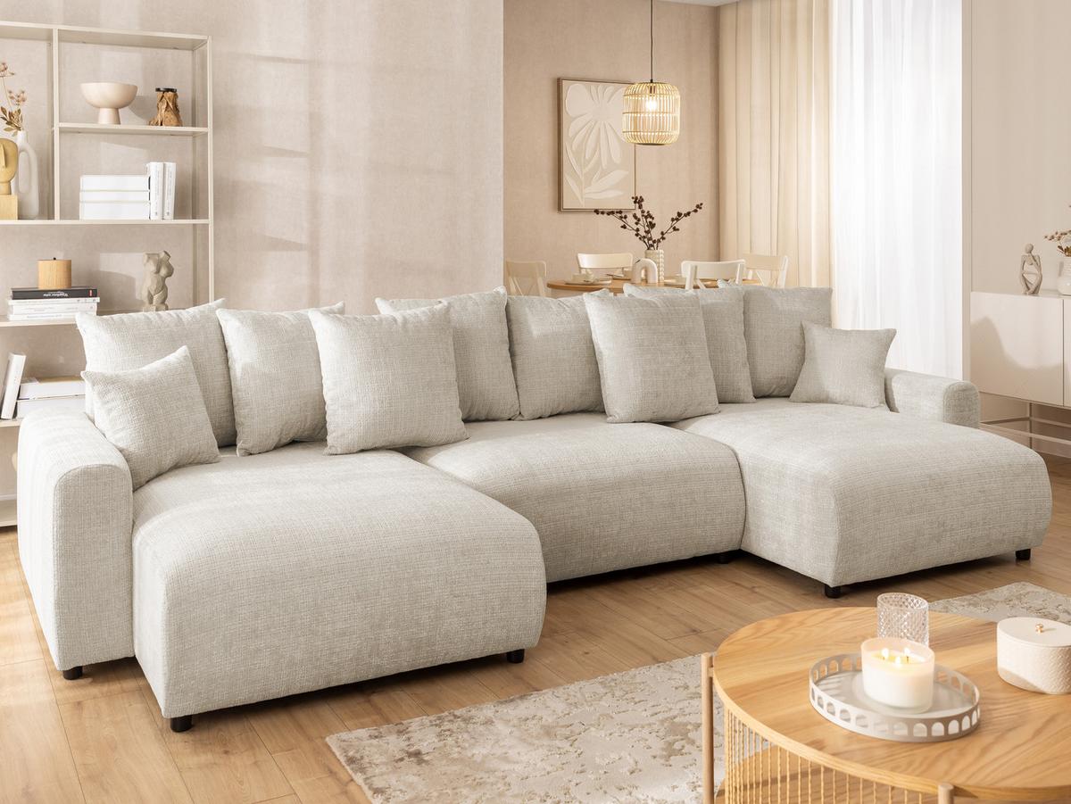 WOHNLANDSCHAFT Calma mit Schlaffunktion und Bettkasten im Bumpy-Design aus weichem Beige Chenille-Stoff - Beige/Schwarz, Holz/Kunststoff (336/88/140cm) - S-Style Möbel