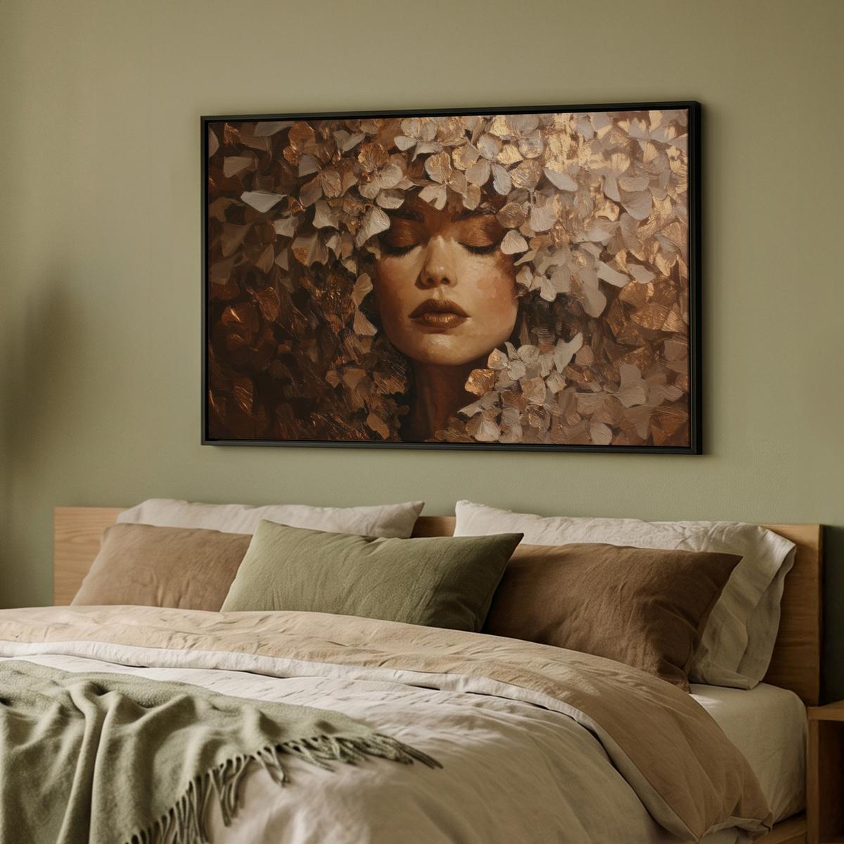 LEINWAND Bilder mit Rahmen - Gesicht - Dame - Blätter - Pinselstriche - 90x60 - Goldfarben, Textil (90/60cm) - MuchoWow