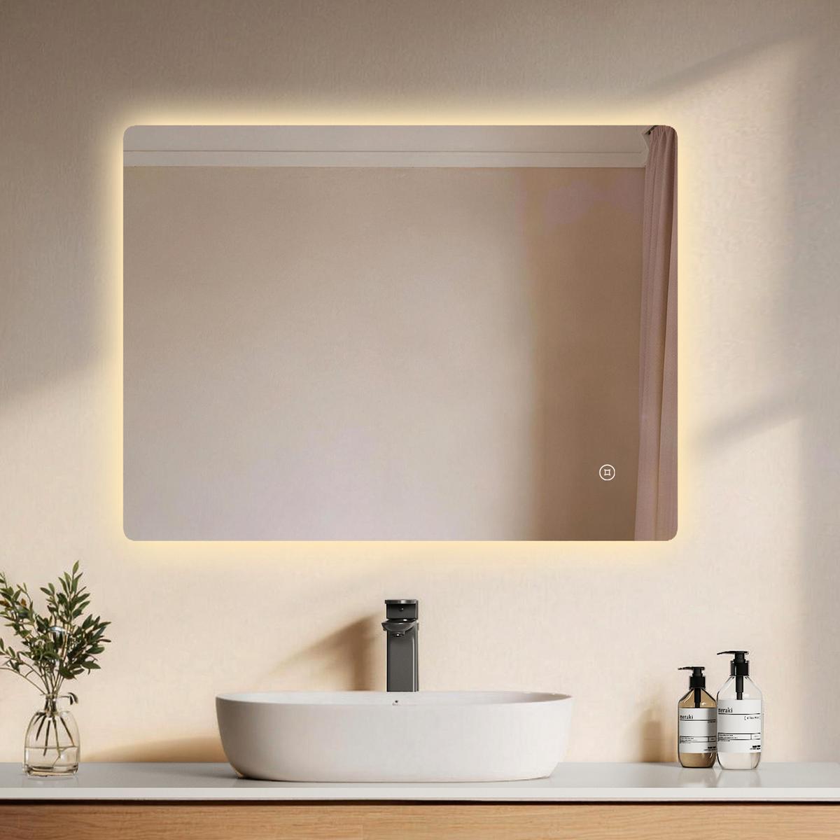 BADSPIEGEL LED abgerundet 3 Farbtemperaturen Touch-Schalter 80/60 cm - Transparent, Glas (80/60/3cm) - EMKE