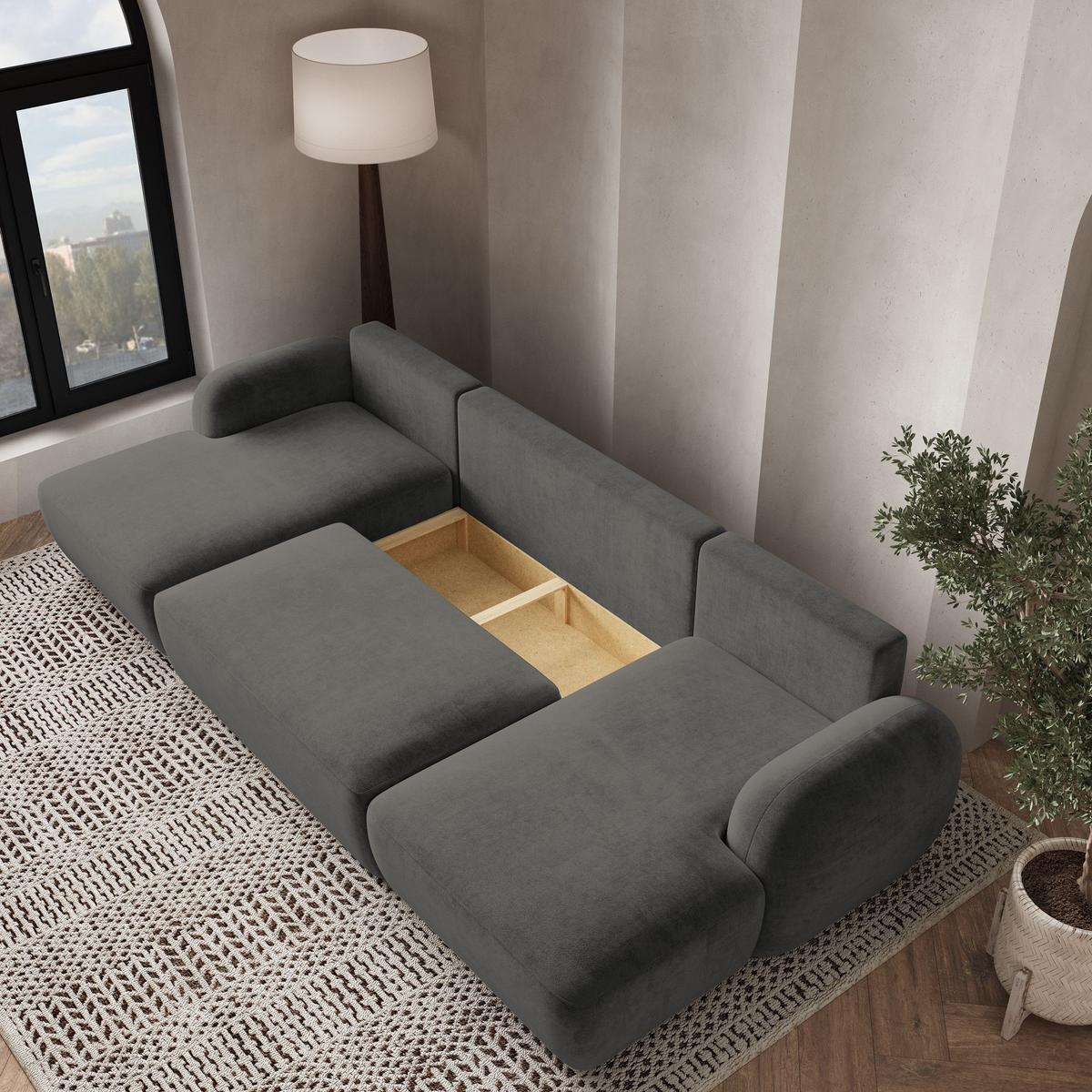 WOHNLANDSCHAFT SAVONA K Grau Plüsch-Stoff mit Schlaffunktion - Schwarz/Grau, Holz/Kunststoff (320/90/148cm) - MASSENO