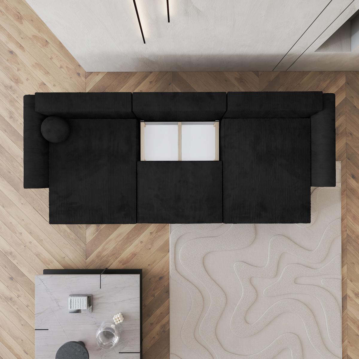 WOHNLANDSCHAFT FENTO P Schwarz Kordstoff mit Schlaffunktion - Schwarz/Grau, Holz/Kunststoff (347/90/148cm) - MASSENO