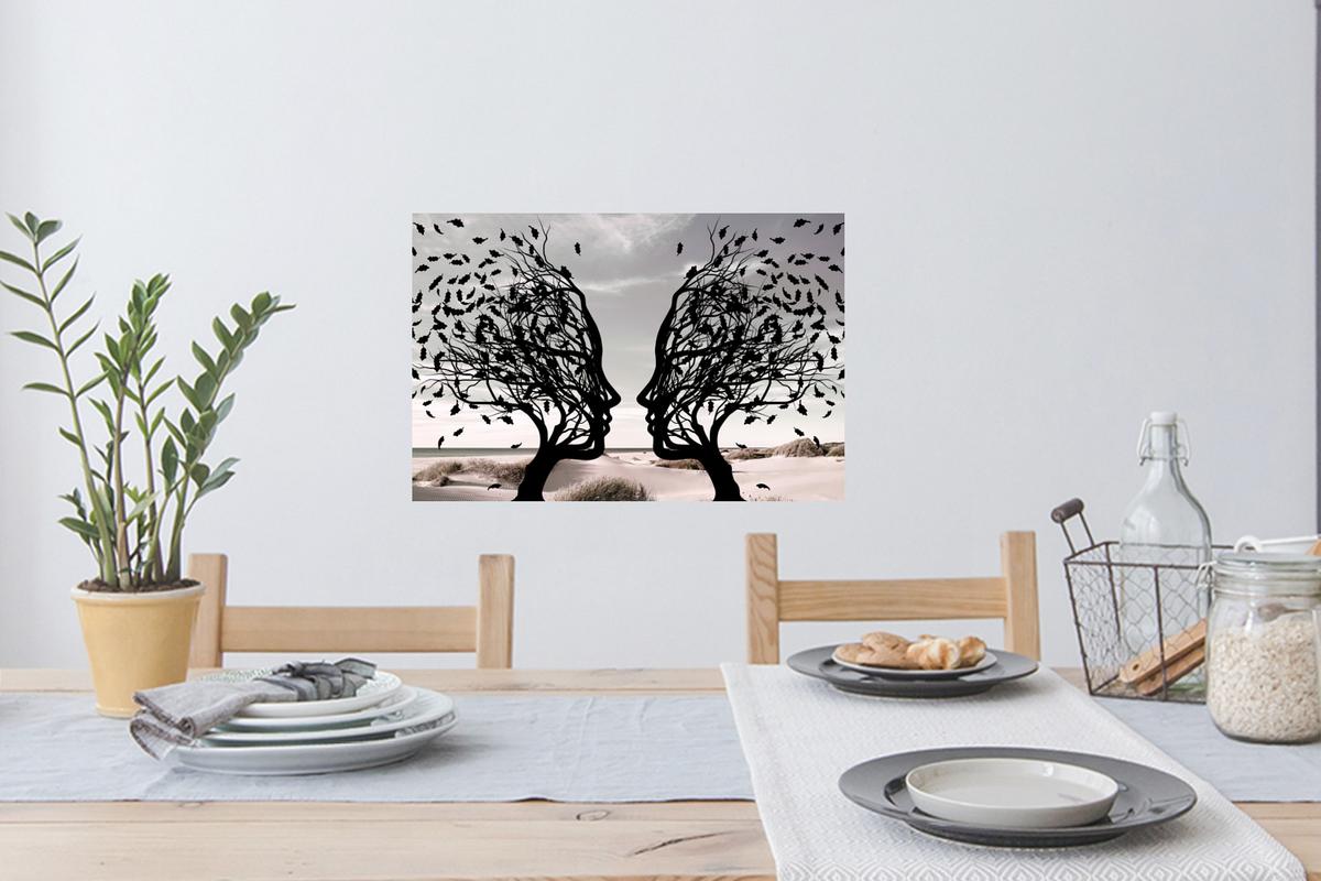 WANDTATTOO Strand - Meer - Menschen - Baum - Moderne Kunst Deko Wohnzimmer 60x40 cm - Hellgrau, Kunststoff (60/40/0.1cm) - MuchoWow