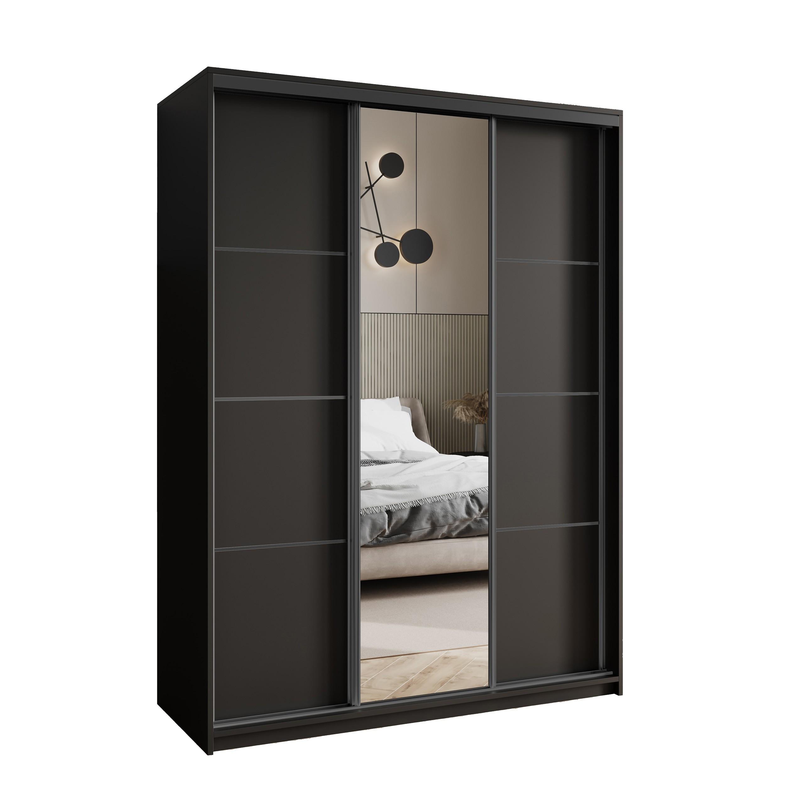 SCHWEBETÜRENSCHRANK VARO 150/205/60 cm 3-türig mit Spiegel Schwarz - Schwarz, Holzwerkstoff (150/205/60cm) - MASSENO