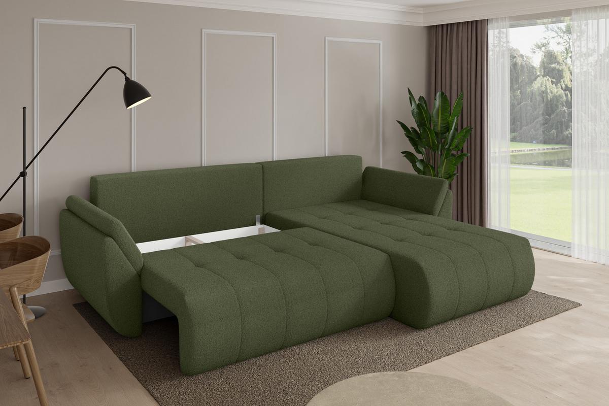 ECKSOFA mit Schlaffunktion Ottomane Rechts TOKO-L 277x194x86 Grün Bouclé - Schwarz/Olivgrün, Holzwerkstoff/Kunststoff (277/194cm) - ALTDECOR